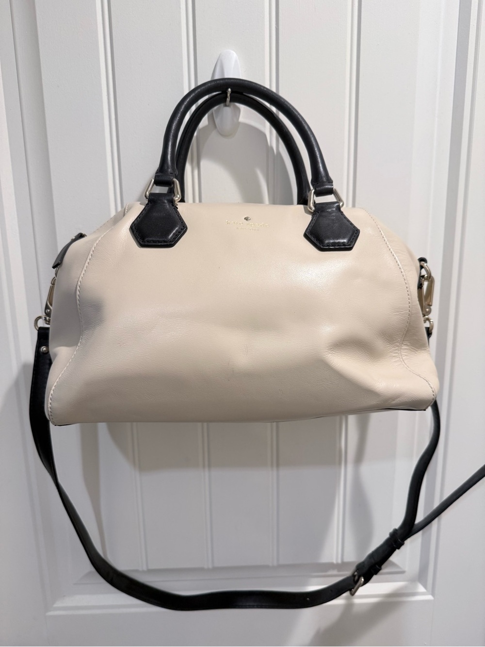 Leather Satchel Handbag in Cream with Black Accents